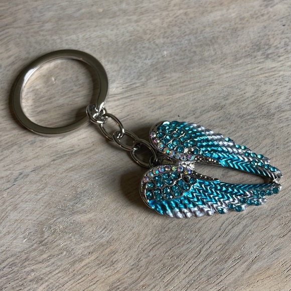 Angel Wings Blue Pendant Keychain Handbag Jewelry Inlaid Rhinestone Enamel New - Picture 6 of 12